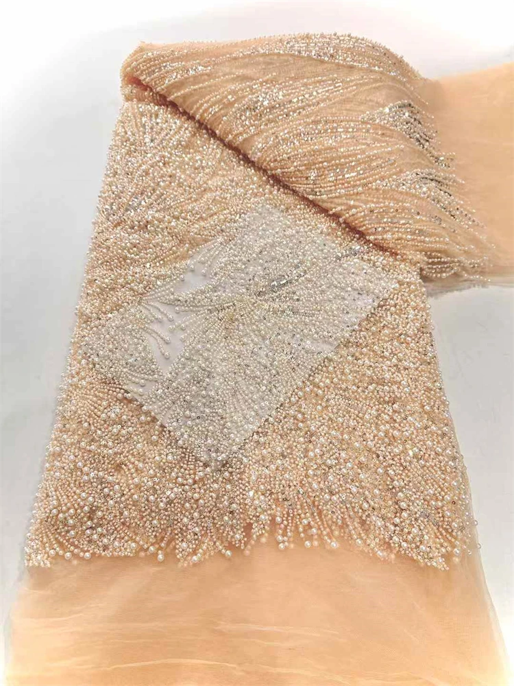 5 Yards High-end Heavy Beaded Fabric Latest African Luxury Sequins Groom Embroidery Fabric French Tulle Lace For Sewing Wedding