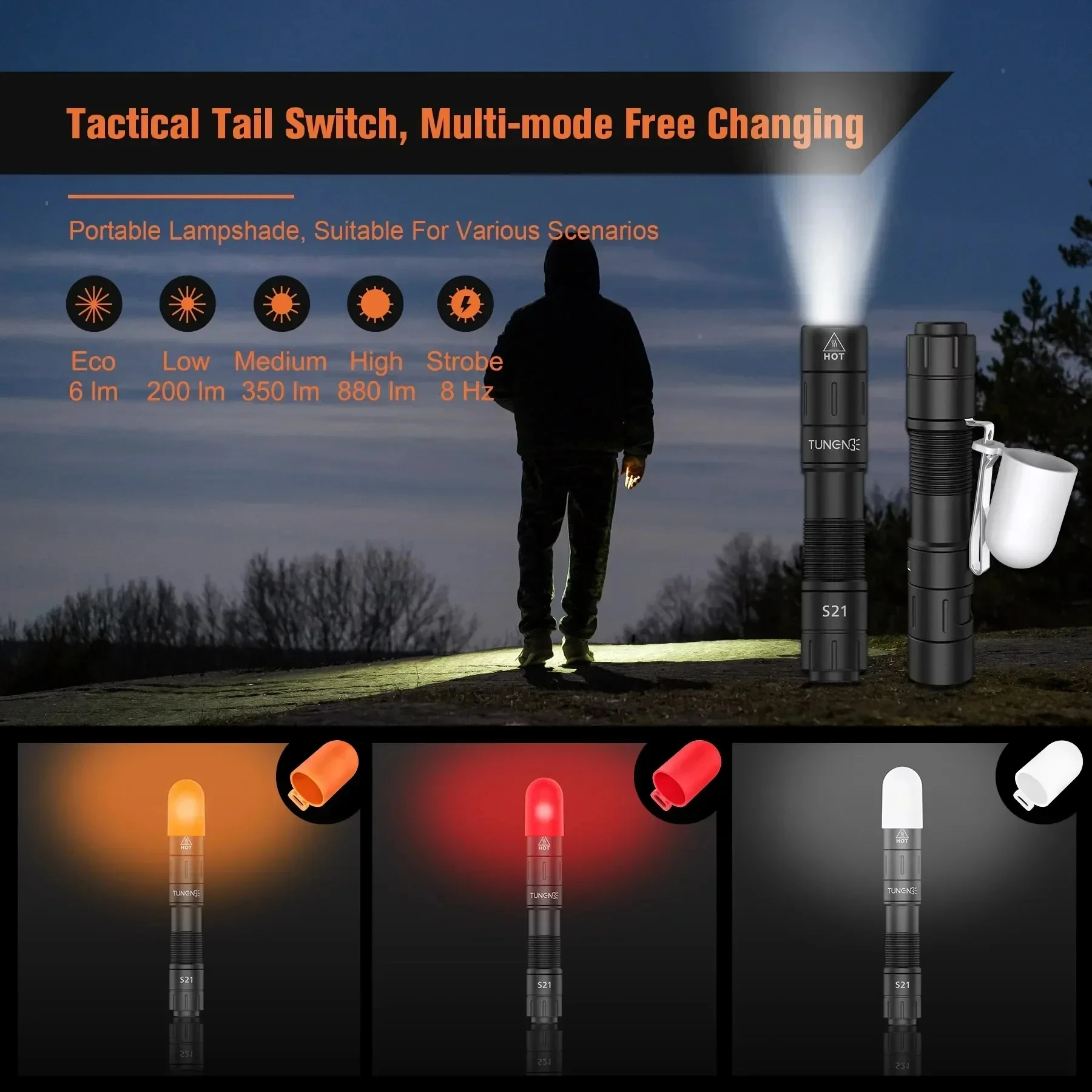 S21 Traveler EDC Flashlight AA 14500 Battery 880LM Powerful Type C Rechargeable Tactical Torch IP68 Waterproof Camping Lantern