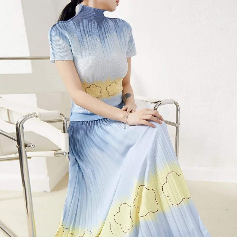 

Fashion Pleated Skirt Suit 2023 Summer New Temperament Chiffon A Long Blue Skirt Set