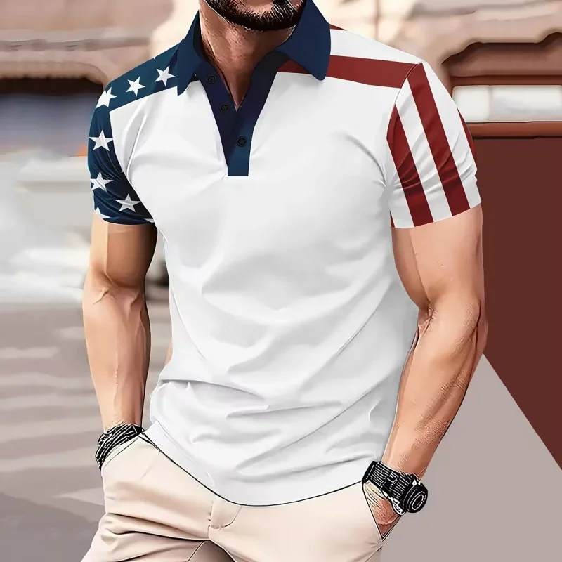 3D Printed Leaf Boat Polo Shirt For Men America Flag Pattern Tees Summer Street Loose Short Sleeve Tops Lapel T-Shirts
