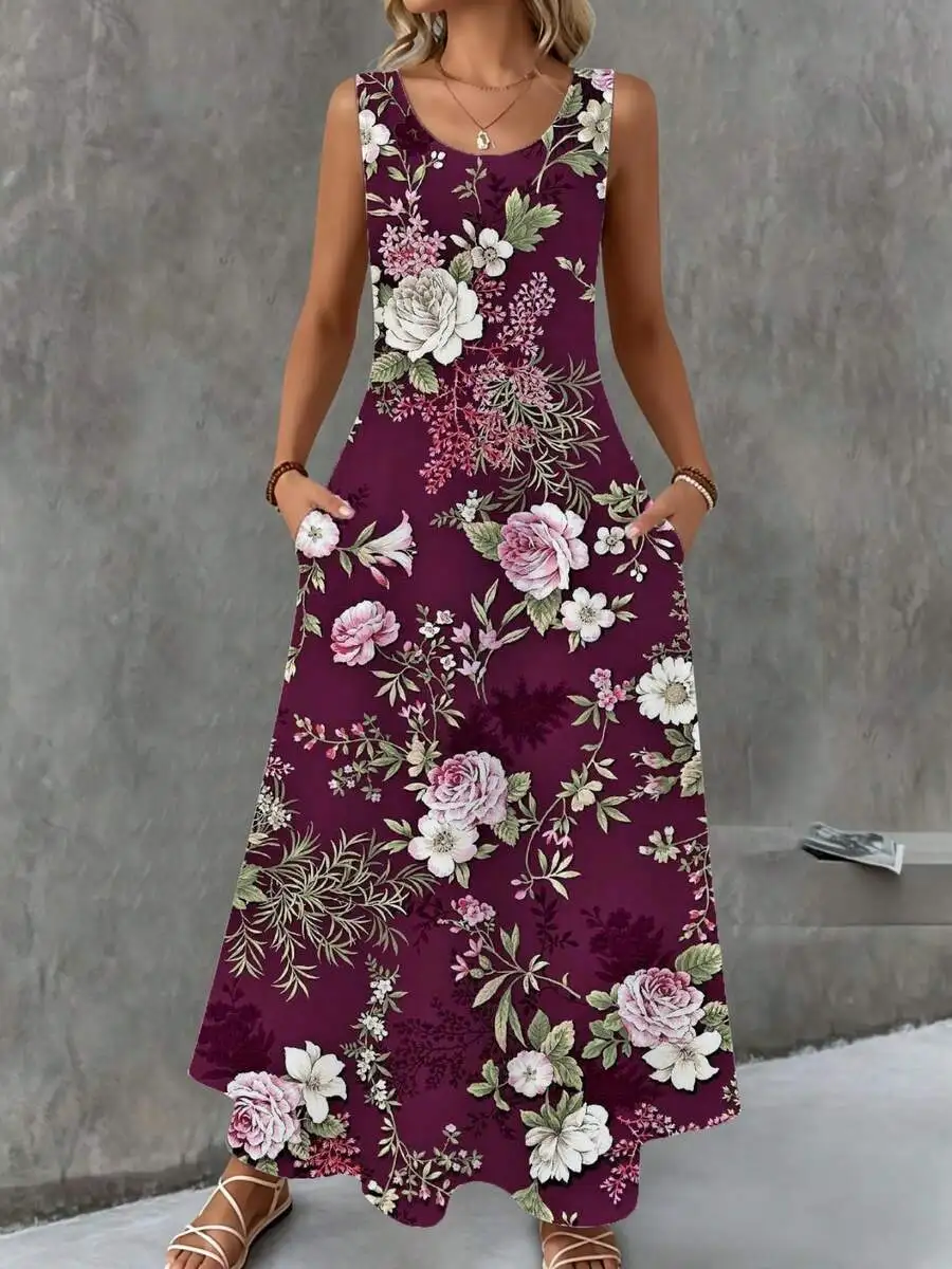 

Floral Print Sleeveless Maxi Dress Purple Rose Pattern Summer Beach Vacation Outfit Women Long Dress With Pockets Casual Elegant