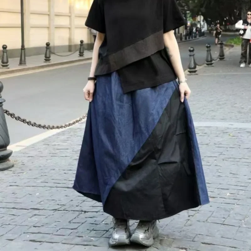 Women's New Summer Denim Knee-length Skirt Fashionable and Versatile Spliced Retro Color-blocked Hip-hugging Skirt A-line Skirt