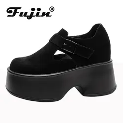 Fujin 11cm vera pelle naturale suola Super spessa zeppa donna fibbia autunno primavera tacchi nascosti moda scarpe da donna