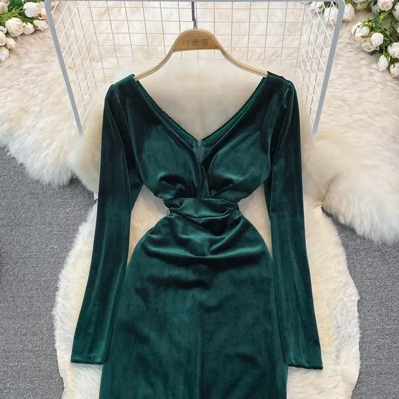 Autumn Winter Green/Black Velvet Long Dress Women Sexy V-Neck High Waist Bodycon Party Vestido Female Slim Maxi Robe New Fashion