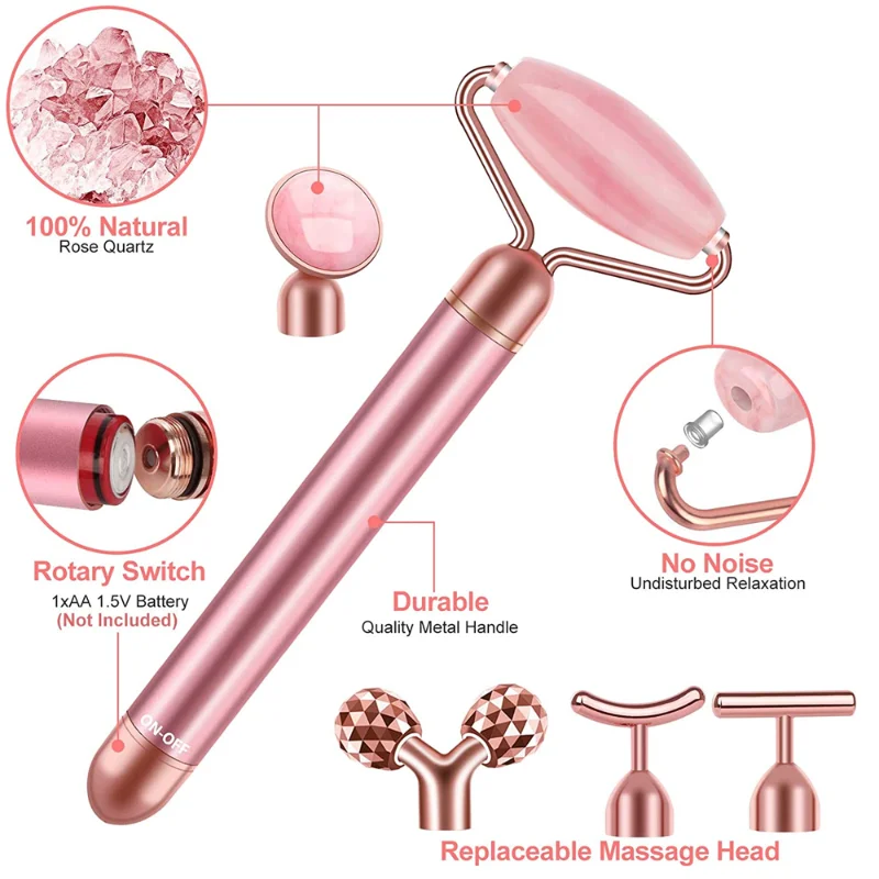 Elétrica Face Massageador e Beleza Bar, 3D Vibração Rose Quartz, Face Lifting, Body Facial Gua Sha, Jade Roller, 24K Ouro, 3 em 1