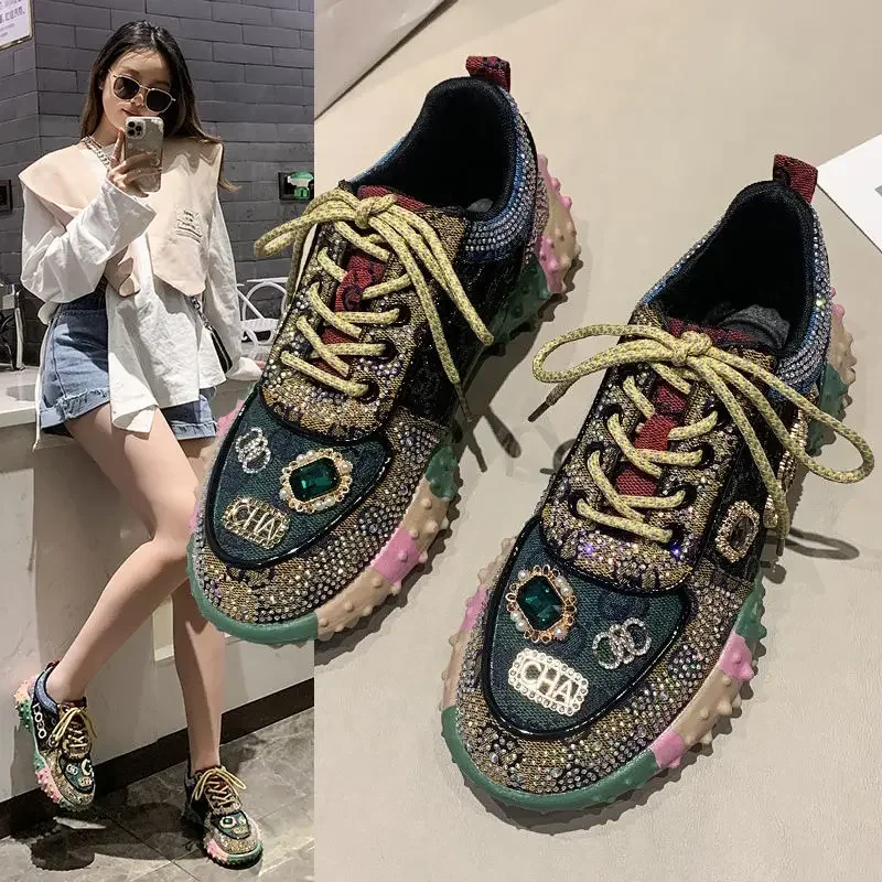 Women Sports Shoes Trend 2023 Rhinestone Sneaker Tennis Female Casual Mirror Luxury Designer Elegant Fashion Shoes for Women