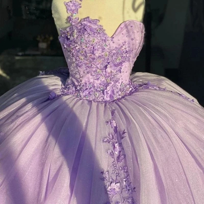 ANGELSBRIDEP-Vestido de Baile Lilás Mexicano, Vestidos Quinceanera Apliques 3D, Doce 16 Vestido, Frisado de Um Ombro, 15 Anos