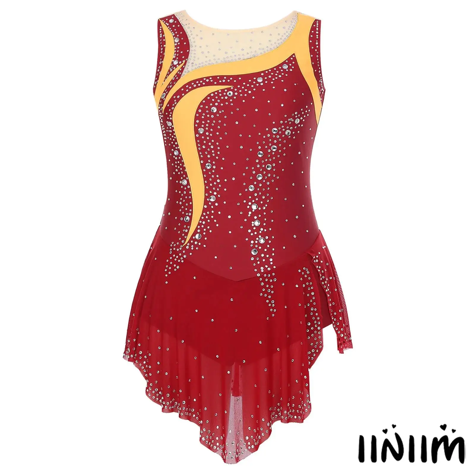 

Womens Rhythmic Gymnastics Dance Unitard Shiny Rhinestones Adorned Slit Overlay Leotard for Ballet Latin Jazz Dance Competition