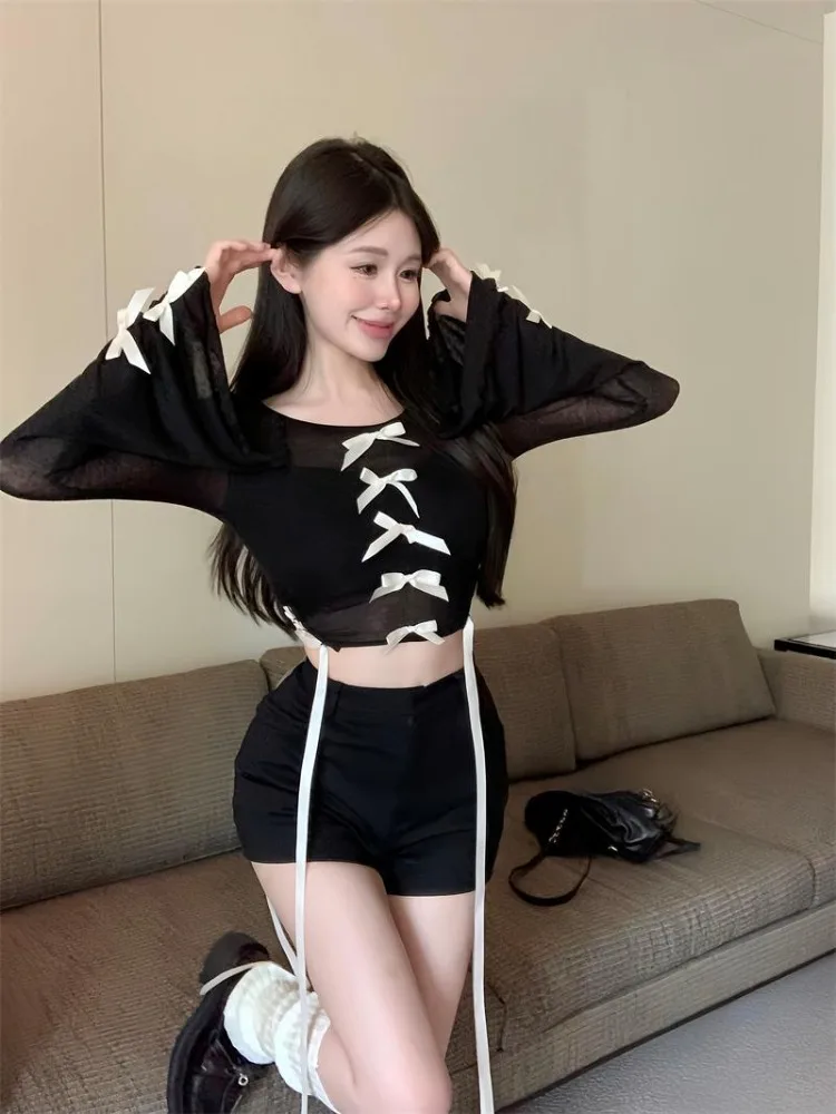 Sweet Woman Tshirts Flare Sleeve O-neck Crop Tops Fashion Spring Tees Chic Bandage Bow Tunic Y2k T Shirts Korean Sexy T-shirt