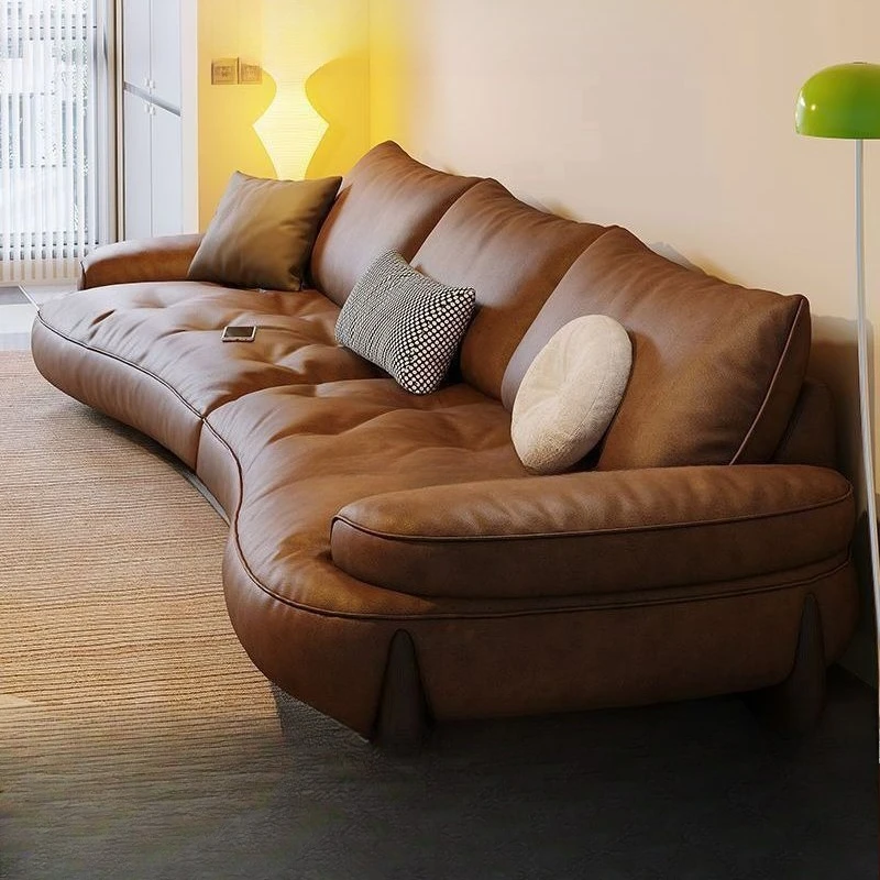 Leather caramel color brown cream style retro sofa home living room size apartment light luxury arc