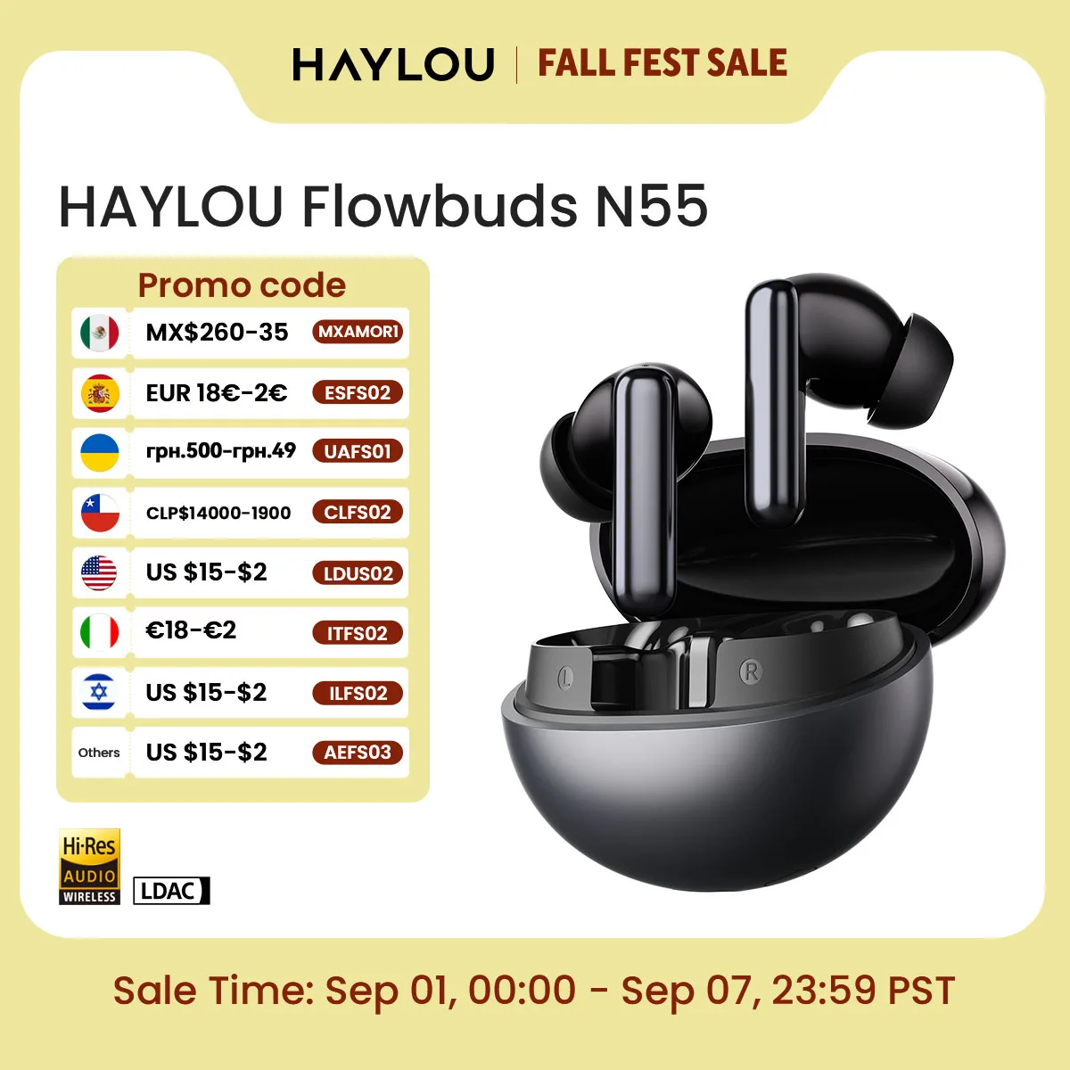 Écouteurs sans fil HAYLOU Flowbuds N55, réduction de bruit adaptative ANC 54 dB, Bluetooth 6.0, audio haute résolution LDAC, appels HD 6 micros, autonomie 40 h, IPX5