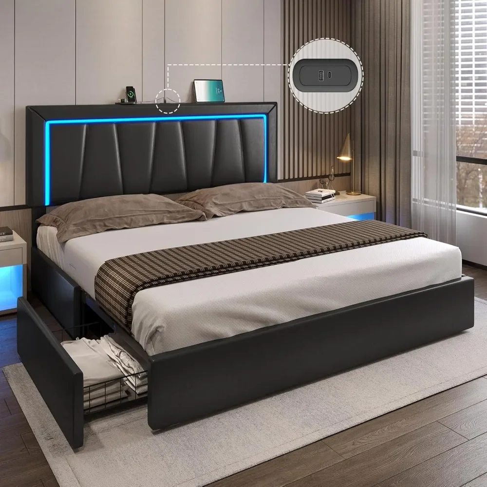 

Bed Frame Queen Size with 4 Storage Drawers and Led Lights Upholstered Platform Storage with USB and Queen LED Bed Frame