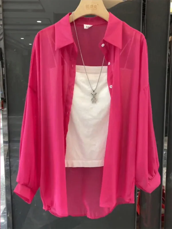 

Fashionable Pearl Shiny Sun Protection Women's Spring Summer Ice Silk Breathable Long Sleeve Open Cardigan Thin Chiffon Shirt
