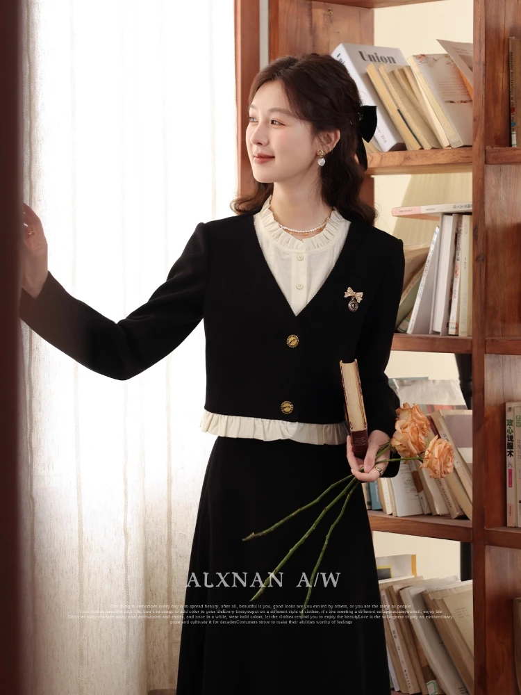 กระโปรงยาวไซส์ใหญ่ ALXNAN คุณภาพสูง ผ้าลูกฟูก กันยับ เอวสูง ทรงเอ กระโปรงหรูหรา รุ่น DM00811BQ1