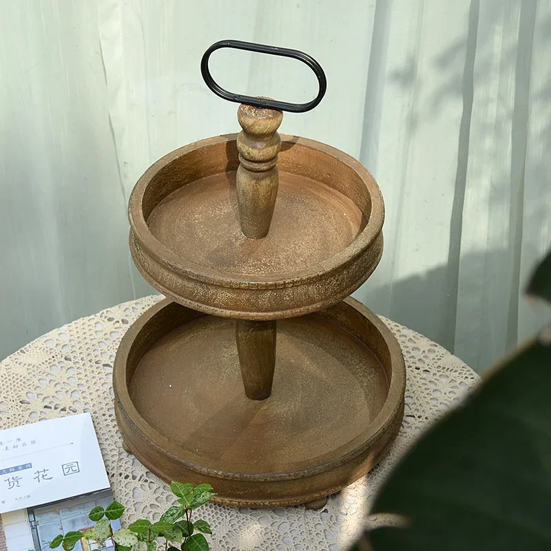 Countryside Vintage Two Layers Round Wooden Tray For Home Tabletop Dessert Fruit Storage Garden Wedding Party Decoration Plates