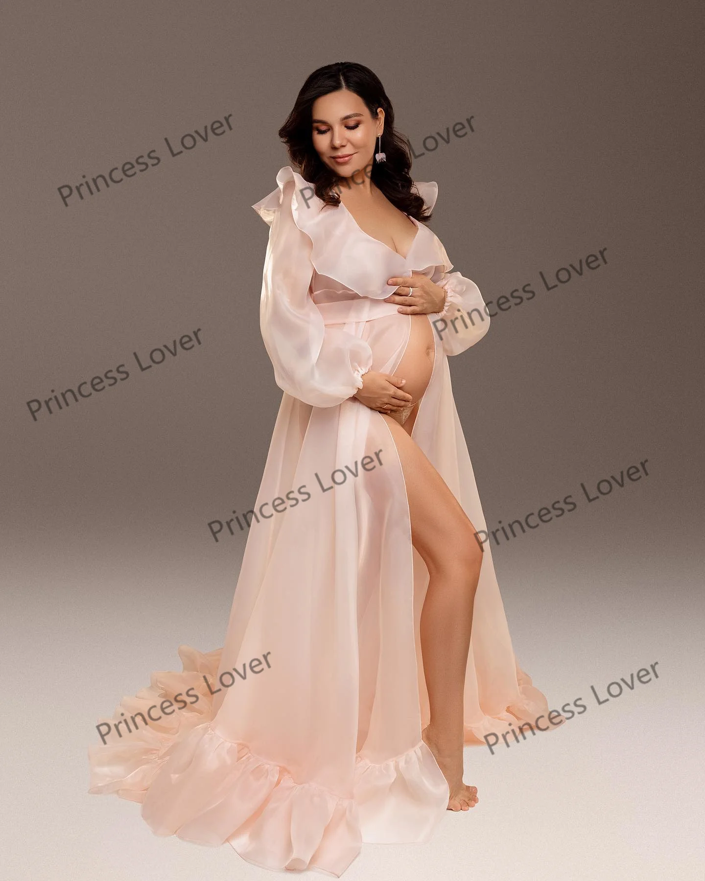 Light Pink Prom Dress for Pregnant Women Ruffles Neck Puff Sleeves Photography Dressing Gown Illusion robe de mariee