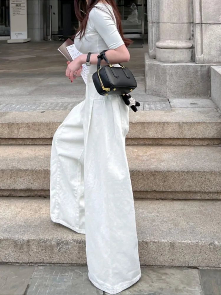 Jean Taille Haute pour Femme, Pantalon Long à Jambes Larges, Style Coréen, Plissé, Mode FjCasual, Printemps Été