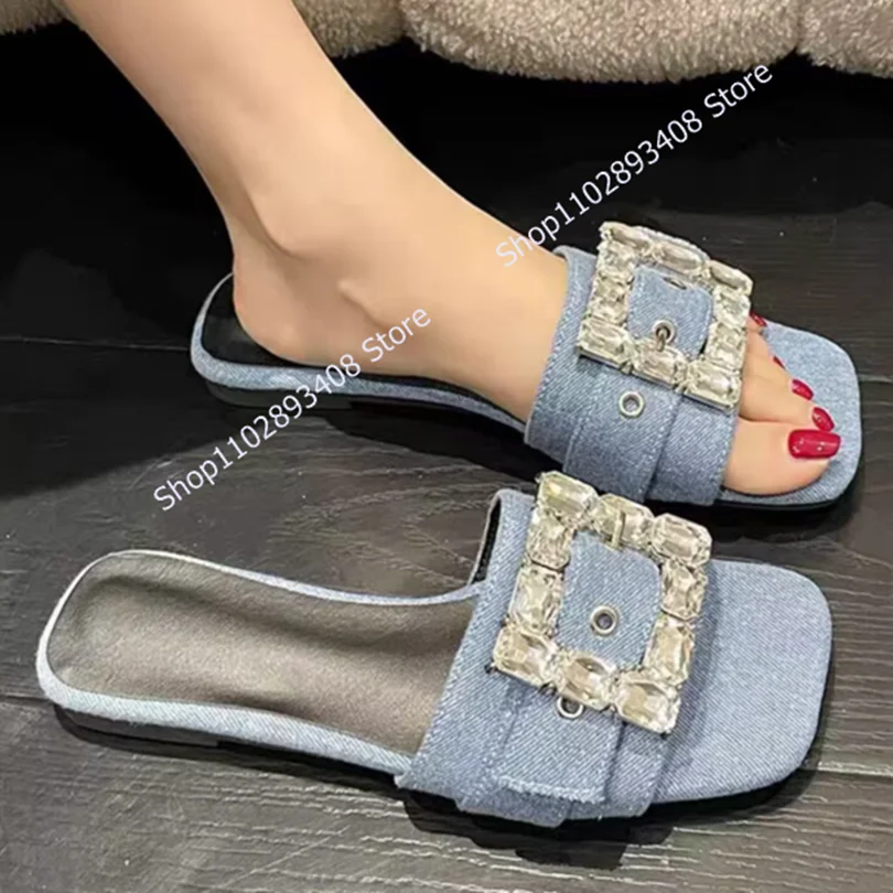 Chinelos de cristal de botão quadrado para mulheres, sandálias planas, sapatos elegantes, moda jeans sólida, verão