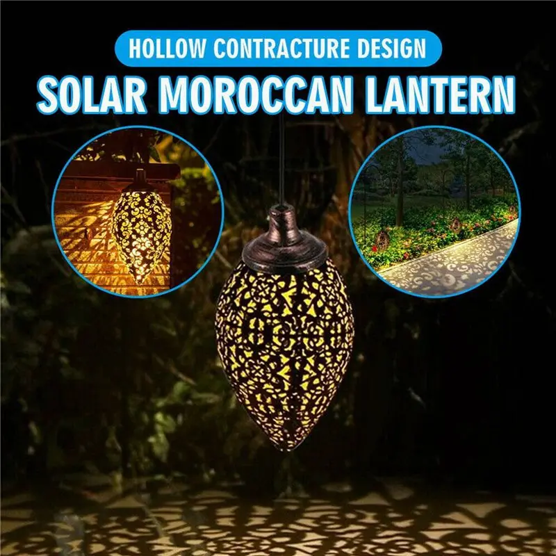 A84X-2X Solar Powered LED Moroccan Hanging Lantern Retro Moroccan Pattern Projection Lamp Outdoor Garden Fairy Light Kit