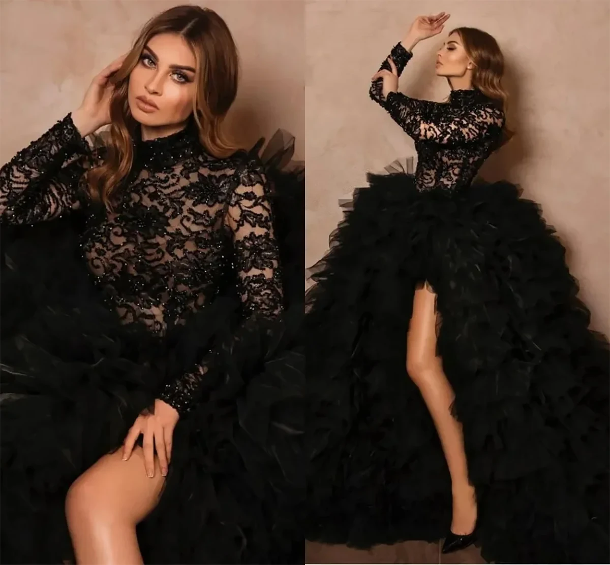 

Gorgeous Evening Dresses O-neck Lace Beads Tulle Tiered Side Split Floor Length Zipper Prom Dress Vestido De Noite Customized
