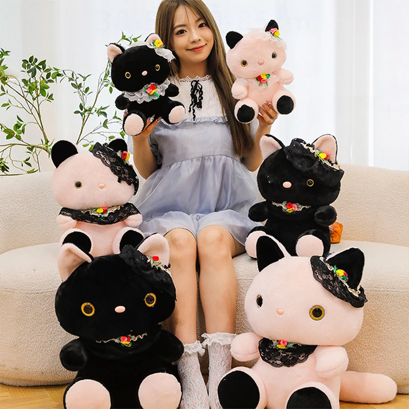 

Kawaii Plush Toy Cute Filled Doll Black White Lace Big Eye Cat Stuffed Animal for Kids Birthday Xmas Gift Perfect for Claw