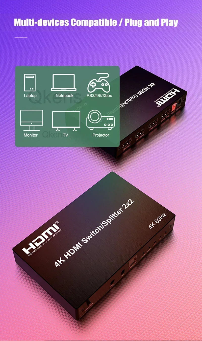 4K 60hz 2x2 2x4 HDMI Switcher Splitter 3.5mm Audio Extractor 3D Video Converter for PS4 DVD Laptop PC To TV Monitor Projector