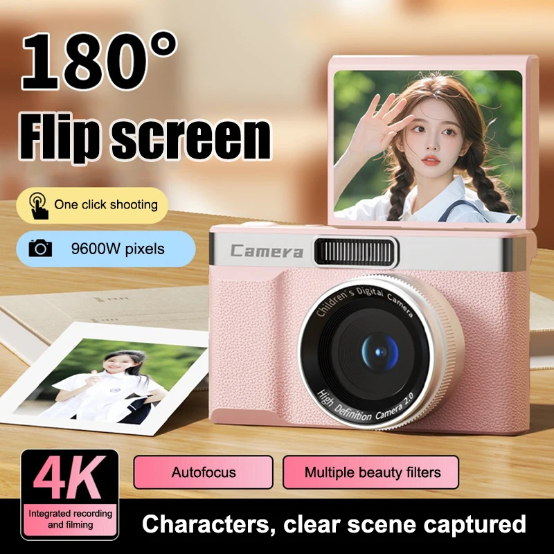 CCD Digital Camera Travel 180°Flip Screen Selfie Camara 96MP Autofocus 8X Zoom Entry-Level Kids Camara Portable Card Camera