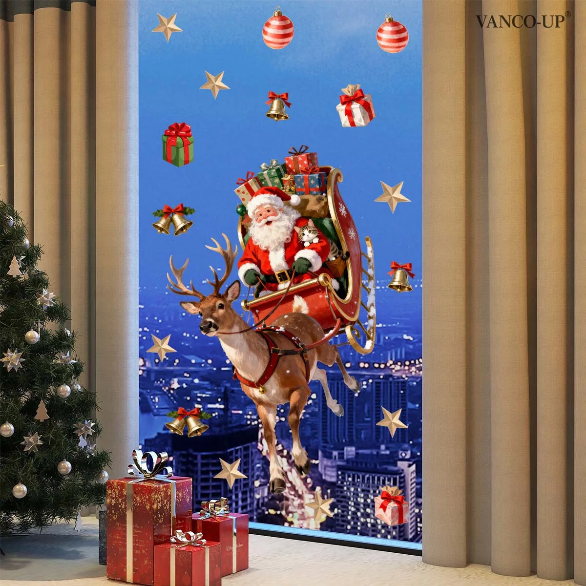 Xmas Santa Reindeer Window Stickers Non-Adhesive Static Clings Christmas Glass Decals with Gifts Bells for Party Decor