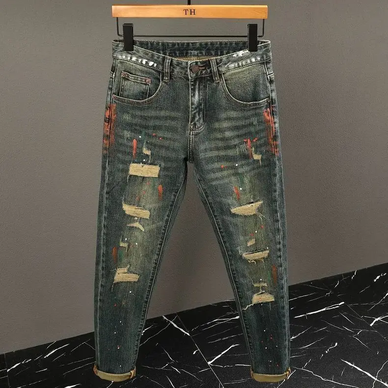 

Мужские повседневные джинсы с принтом, эластичные облегающие джинсы, весна-осень, модный бренд fiti, спрей, чернила, средняя талия, прямые ноги