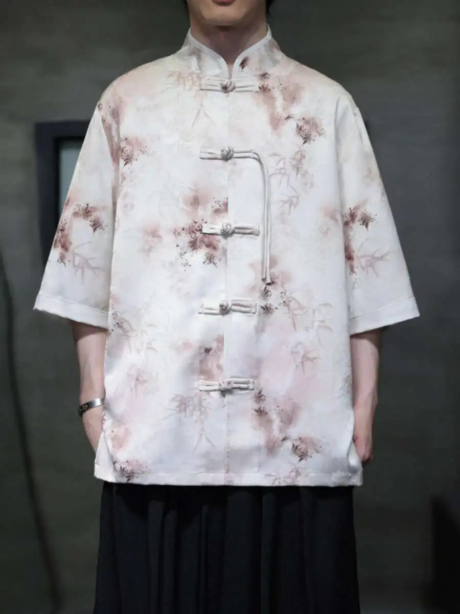 

New Ice Silk ort Sve Men's irt Thin Cool Feeling Summer Outerwear Casual Big Size Han Chinese Sle National Trend