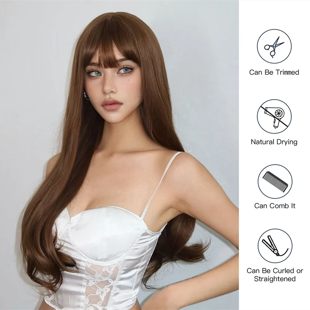 ALAN EATON Brown Wavy Synthetic Wig with Bangs Long Brown Hair Heat Resistant Wig Natural Looking Daily Wig for Women Girls Use