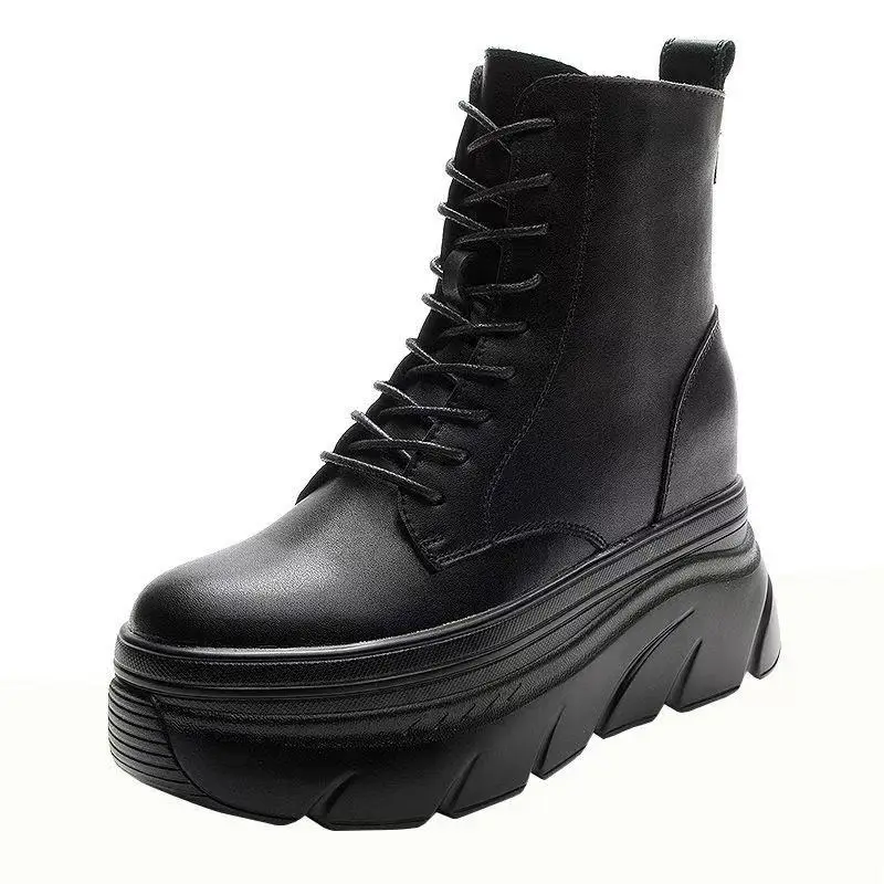 

Новые модные женские ботинки, увеличивающие рост 9 см, осенне-зимние теплые плюшевые ботильоны на платформе для женщин, обувь на танкетке из натуральной воловьей кожи