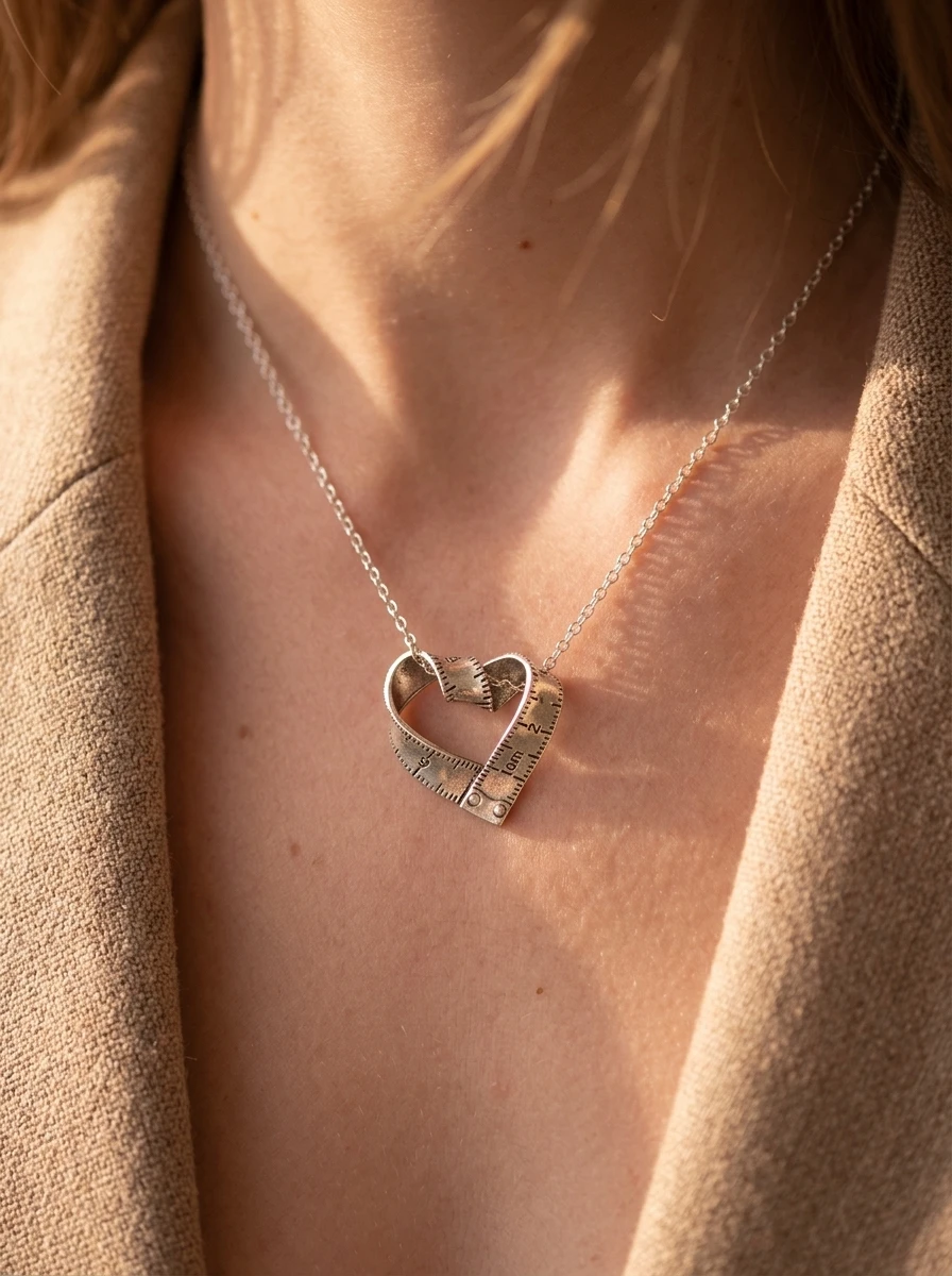 Vintage Silver Bronze Tape Measure Heart Pendant Necklace Unique Designer Jewelry