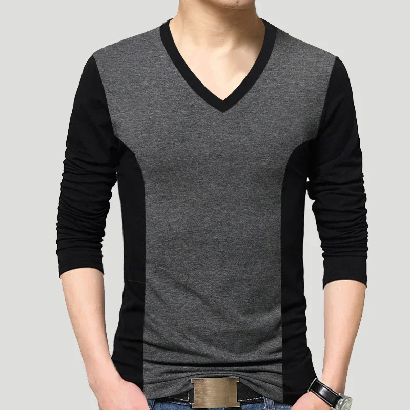 TFETTERS Top Brand Autumn Vintage Men T-shirt Long Sleeve Patchwork Black&gray V Neck T Shirts for Men Teeshirt Plus Size M-5XL