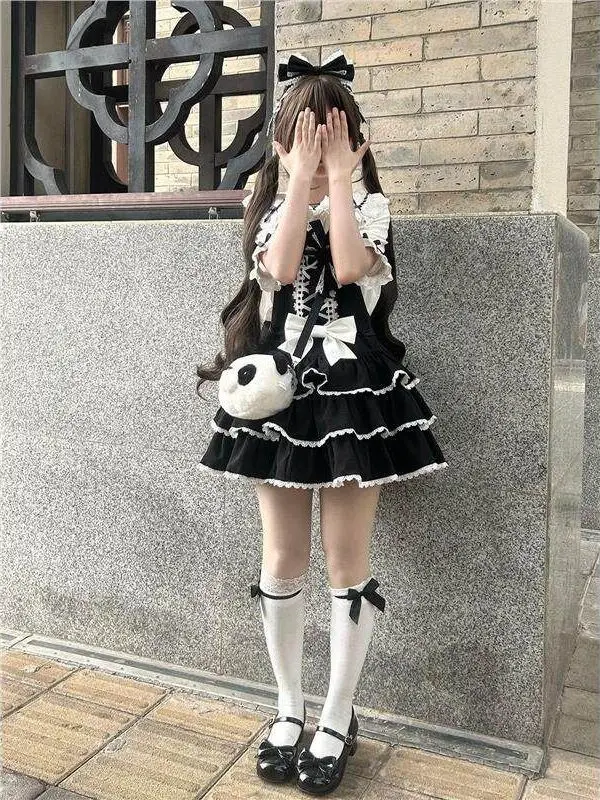 Princess Style Short Sleeve Shirt And Cake Skirt Set with Lace Straps And Bow Design  And Sweet Two-Piece Women's Fashion