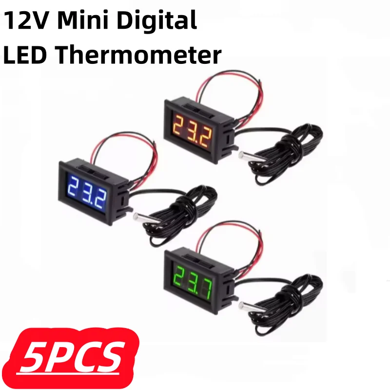 5Pcs For Car Temperature Monitor DC 12V Mini Digital LED Thermometer Panel Meter Measuring Range -50-110C with Temperature Probe