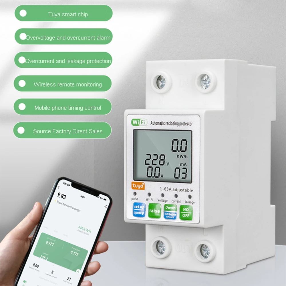 Smart Life Tuya WIFI Energy KWH Meter Prepaid Energy Meter 2P 63A Circuit Earth Leakage Over Under Voltage Protector