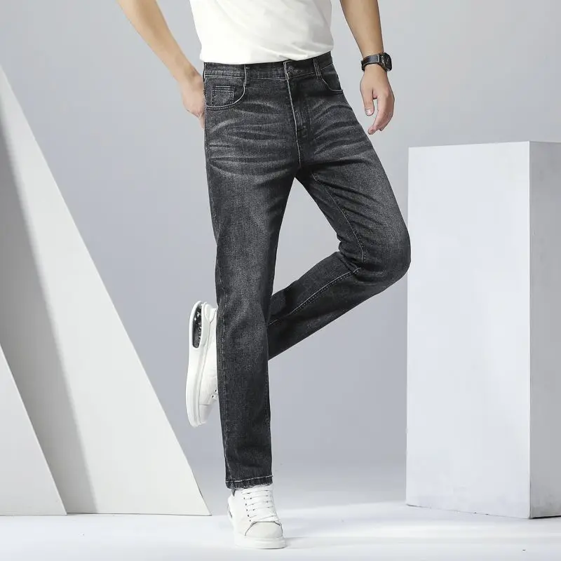 Jeans Men Spring Autumn New Slim Fit Straight Mid-Waist Stretch Casual Versatile Young Middle-Aged Fashionable Gray Long Pants