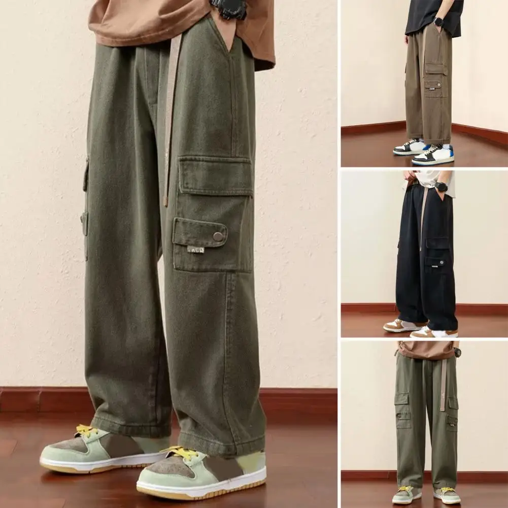 High Street Pants Vintage Loose Men's Cargo Pants with Elastic Waist Multi Pockets Strap Decor Soft Breathable for Daily