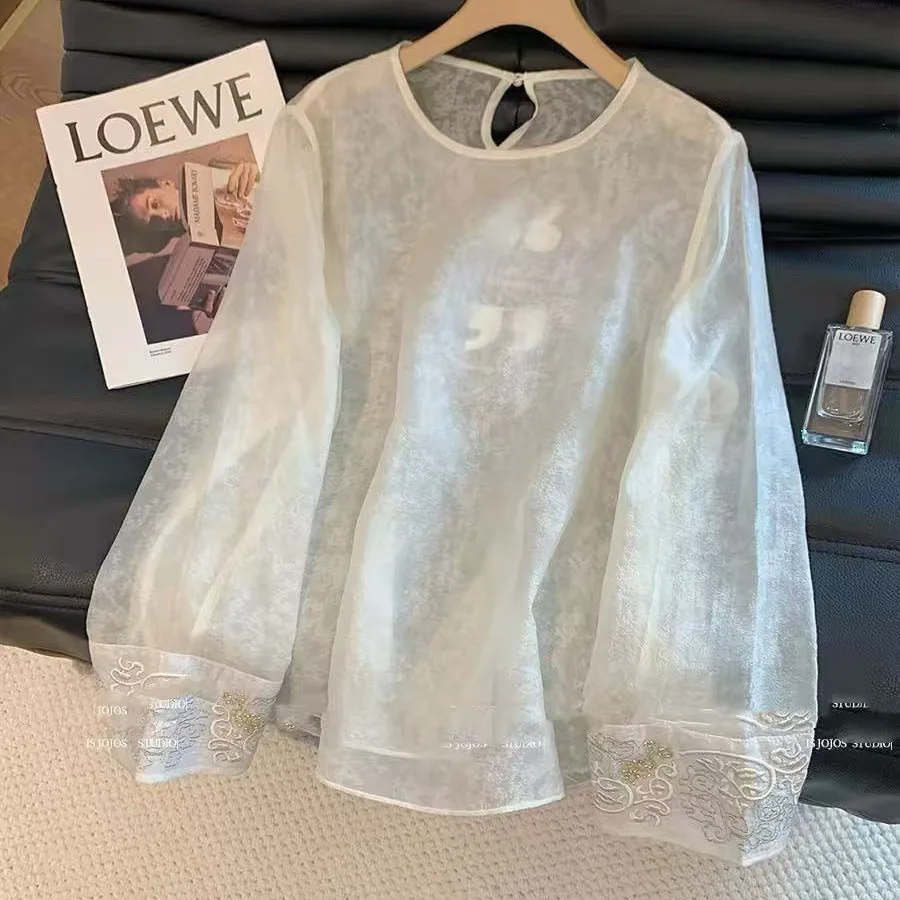 

Chinese Embroidery Round Neck Long Sleeve Women's Double Shirt Top Embroidery Blouse