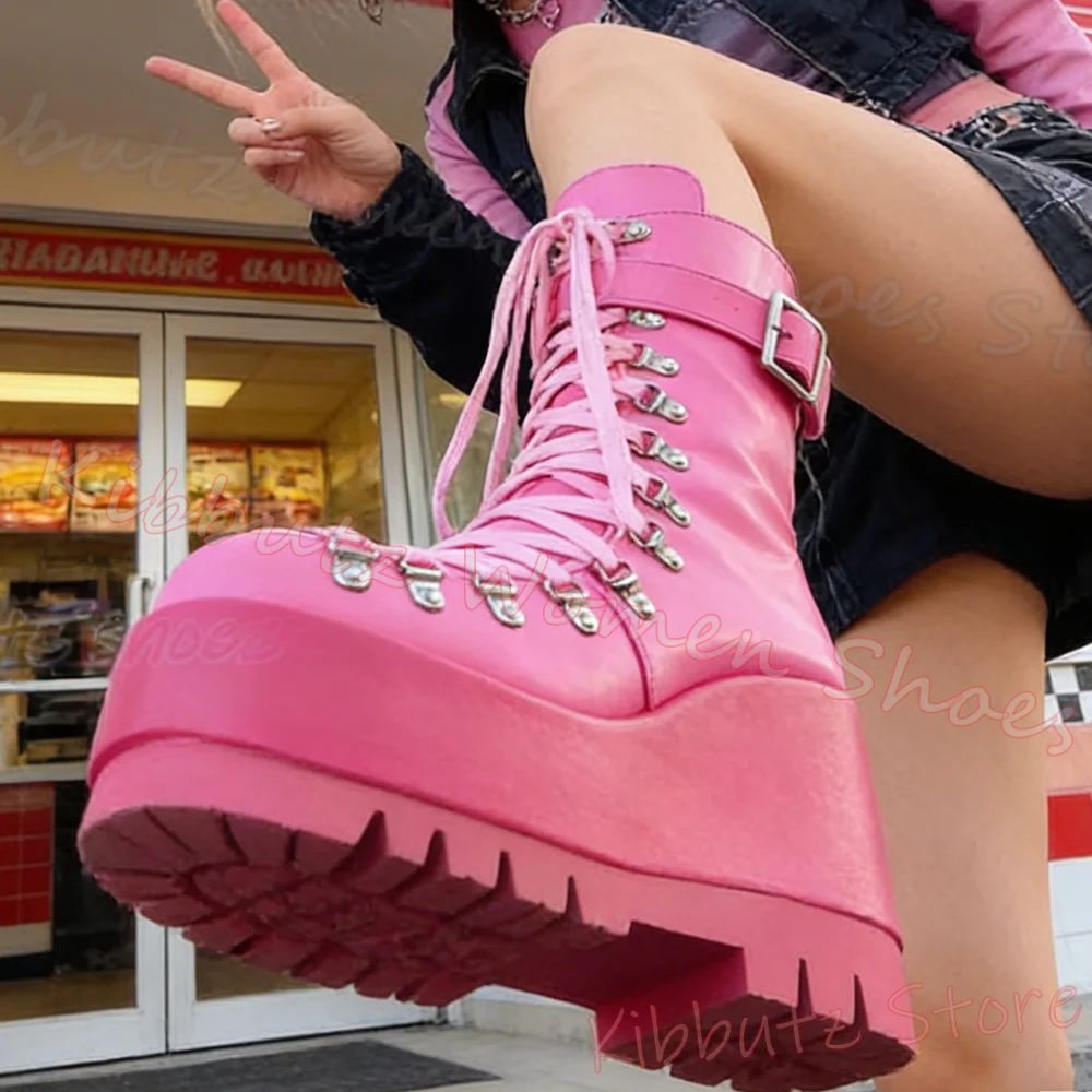 Lace-Up Ankle Boot Platform Leather Women Cross Strap Shoes Belt Buckle Novelty Fashion Concise Round Toe Height Increasing New