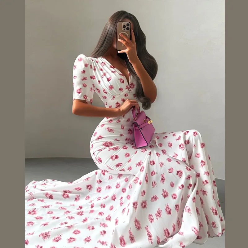 Elegant Women's Floral Printed Dress Slim V Neck Short Sleeve Waist Cinching Long Fishtail Dresses 2026 Summer Lady Party Robes