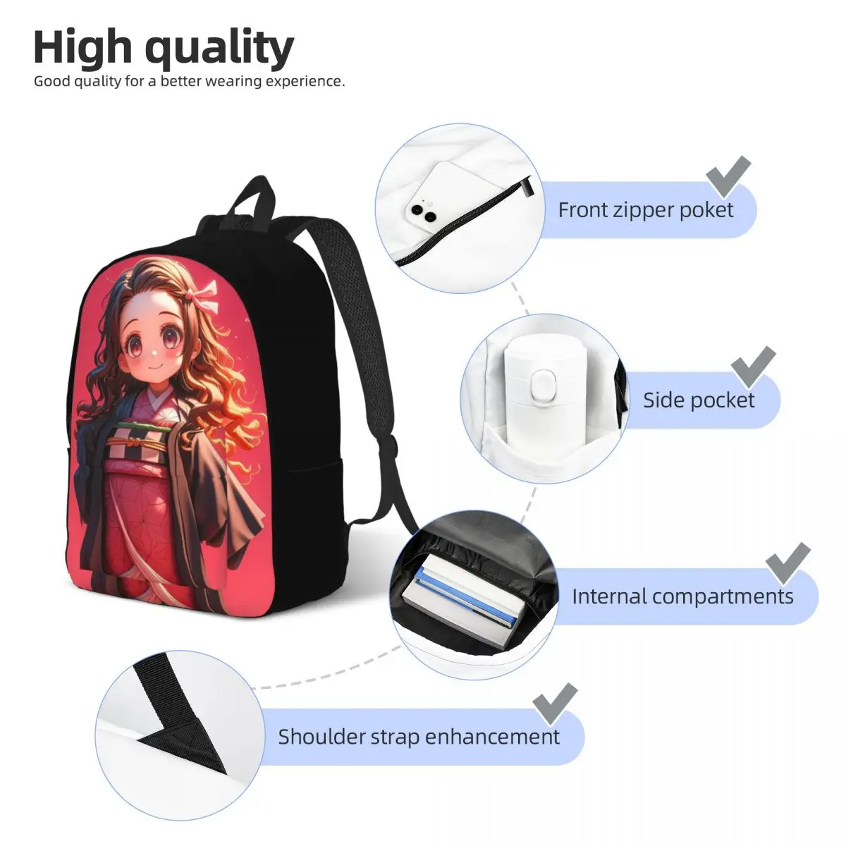 Uroczy plecak Nezuko dla mężczyzn i kobiet, fajny plecak studencki biznesowy, anime Demon Slayer, torba na ramię na laptopa z kieszenią.