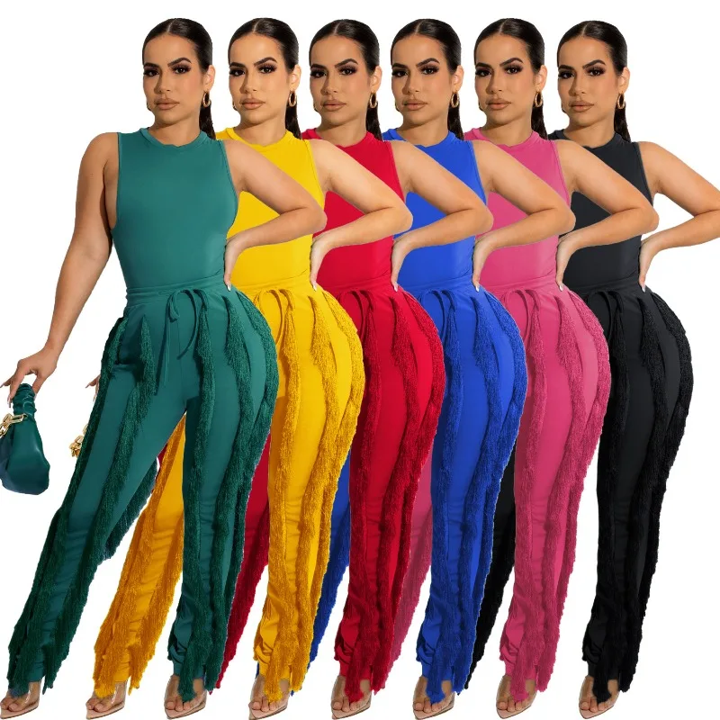

Women Summer Fringe Lace Sleeveless Set Casual Pants Two Piece Set Vacation Daily Versatile