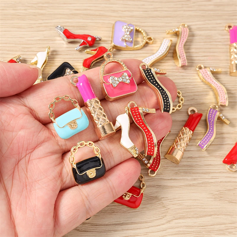 10pcs Mix Cute Enamel Make Up Bag Lipstick High Heels Charms Pendants for Jewelry Making Drop Earrings Necklaces DIY Crafts Gift