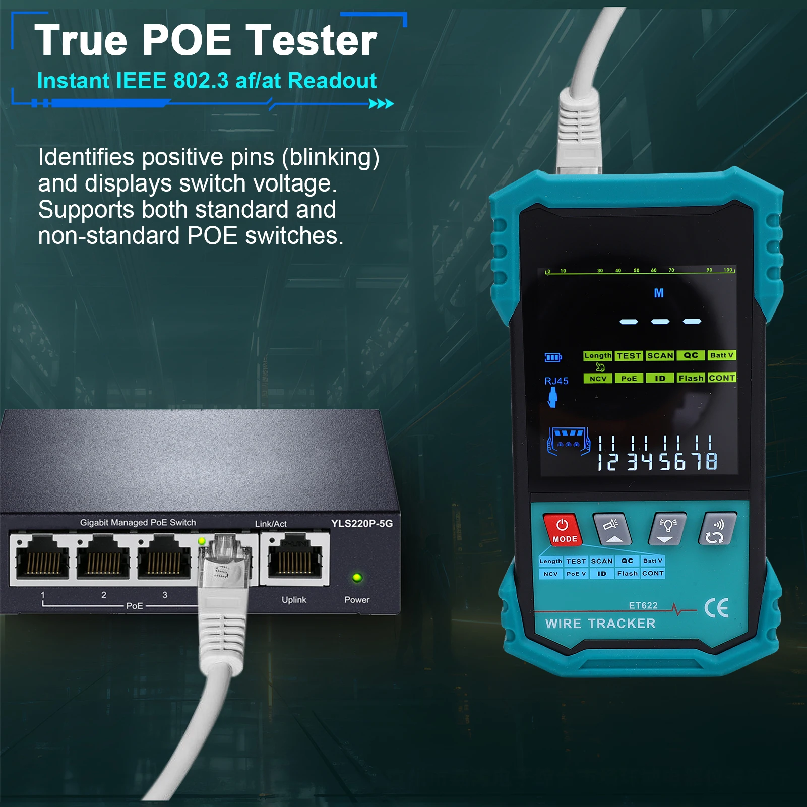 جهاز اختبار كابل الشبكة مع جهاز تتبع سلك كشف الجهد الكهربي RJ45، اختبار استمرارية الطول، مؤشر منفذ وامض، طقم اختبار LAN