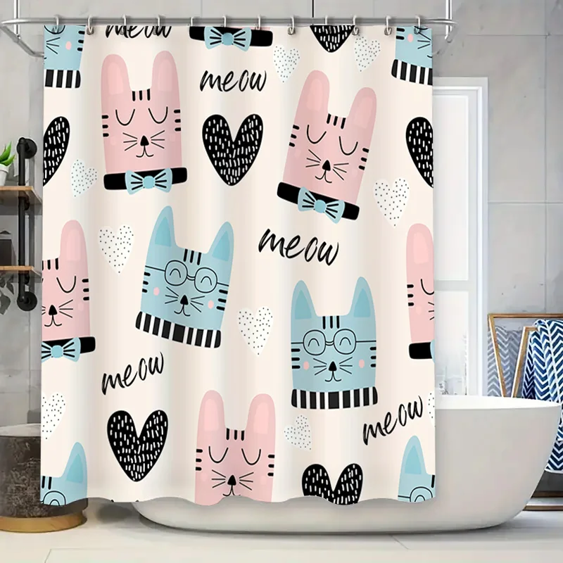 

Очаровательный мультяшный кот с принтом, набор занавесок для душа, черный, белый, розовый, синий, с галстуком-бабочкой в форме сердца, 180 см x 245 см, водонепроницаемый декор для ванной комнаты