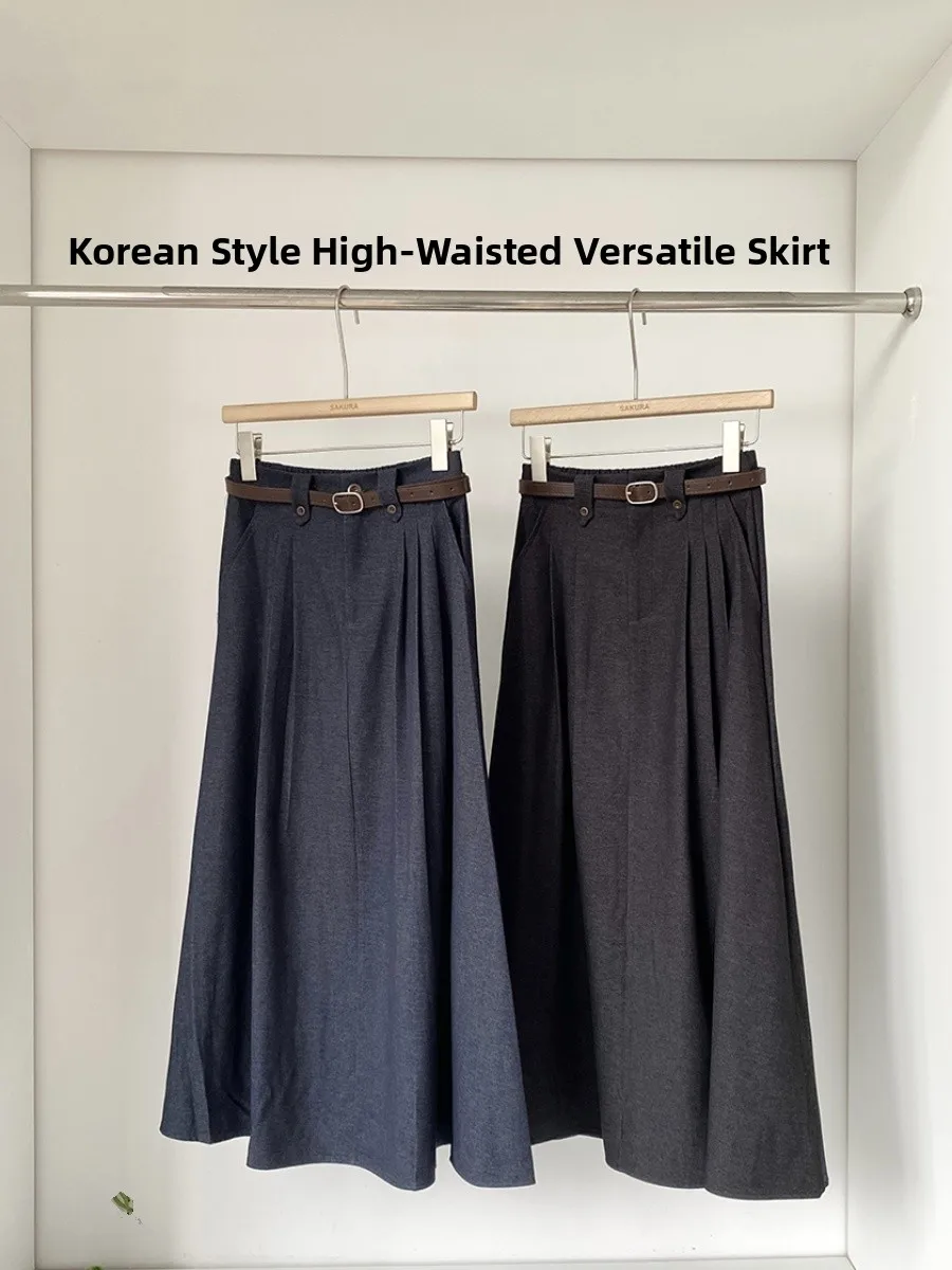 Faionable Gonna longuette a trapezio a vita alta Gonna da donna versatile con cintura per pendolari estivi Gonna coreana f-lunghezza