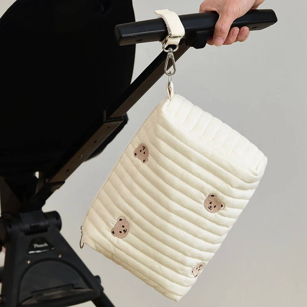 

Ins Zipper Embroidery Quilted Cotton Baby Stroller Bag Diaper Bag Bottle Bag All Cotton Handbag Multiple Uses
