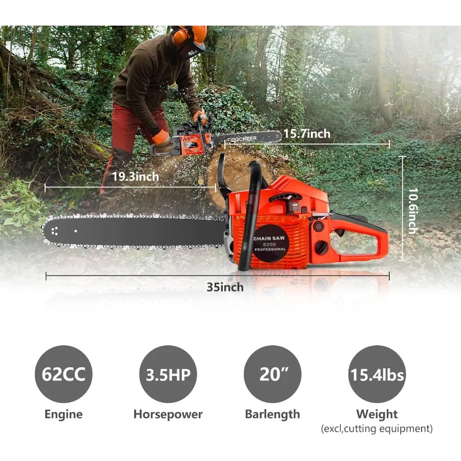 Motosserra a gás atualizada 62cc 3.5-hp 2 ciclos 20 Polegada motosserra a gás com saco de transporte kit de ferramentas motosserras movidas a gás para hea